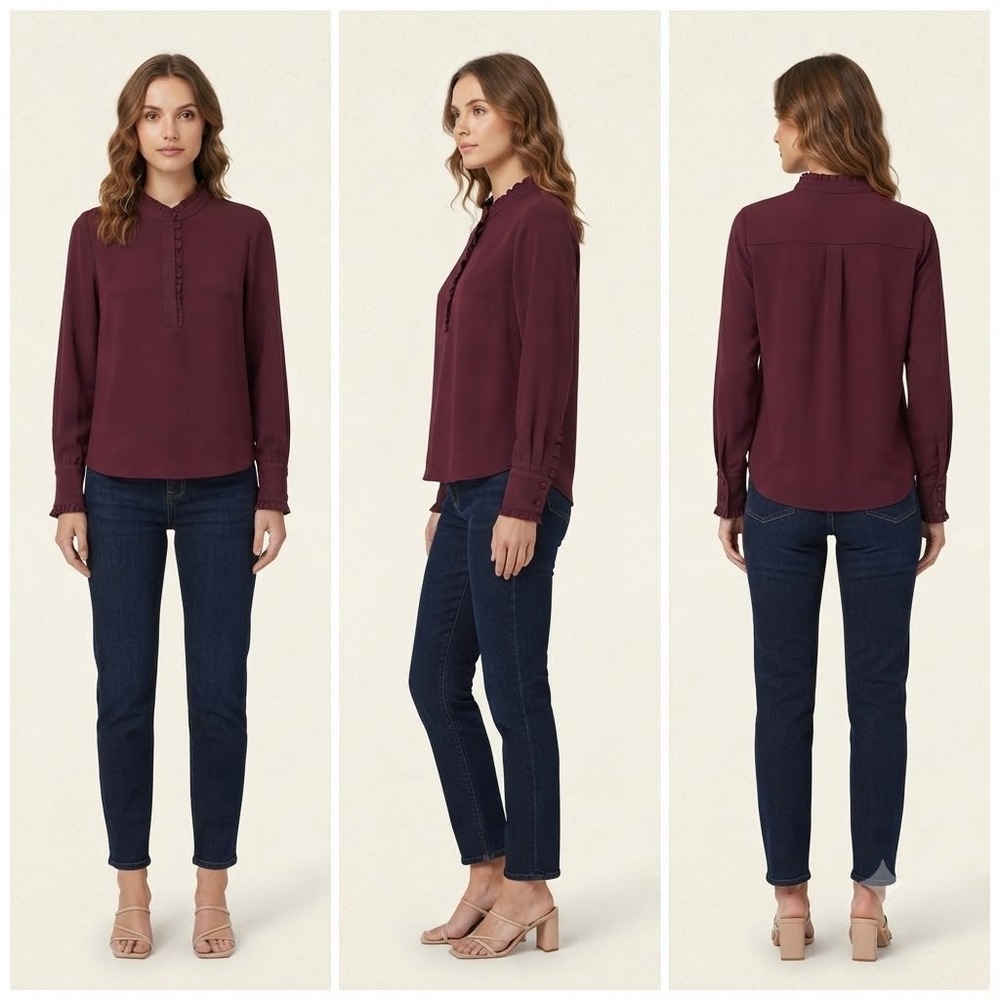 Theory Button Front Blouse Top Womens 6 Burgundy Red Ruffle Collar Long Sleeve